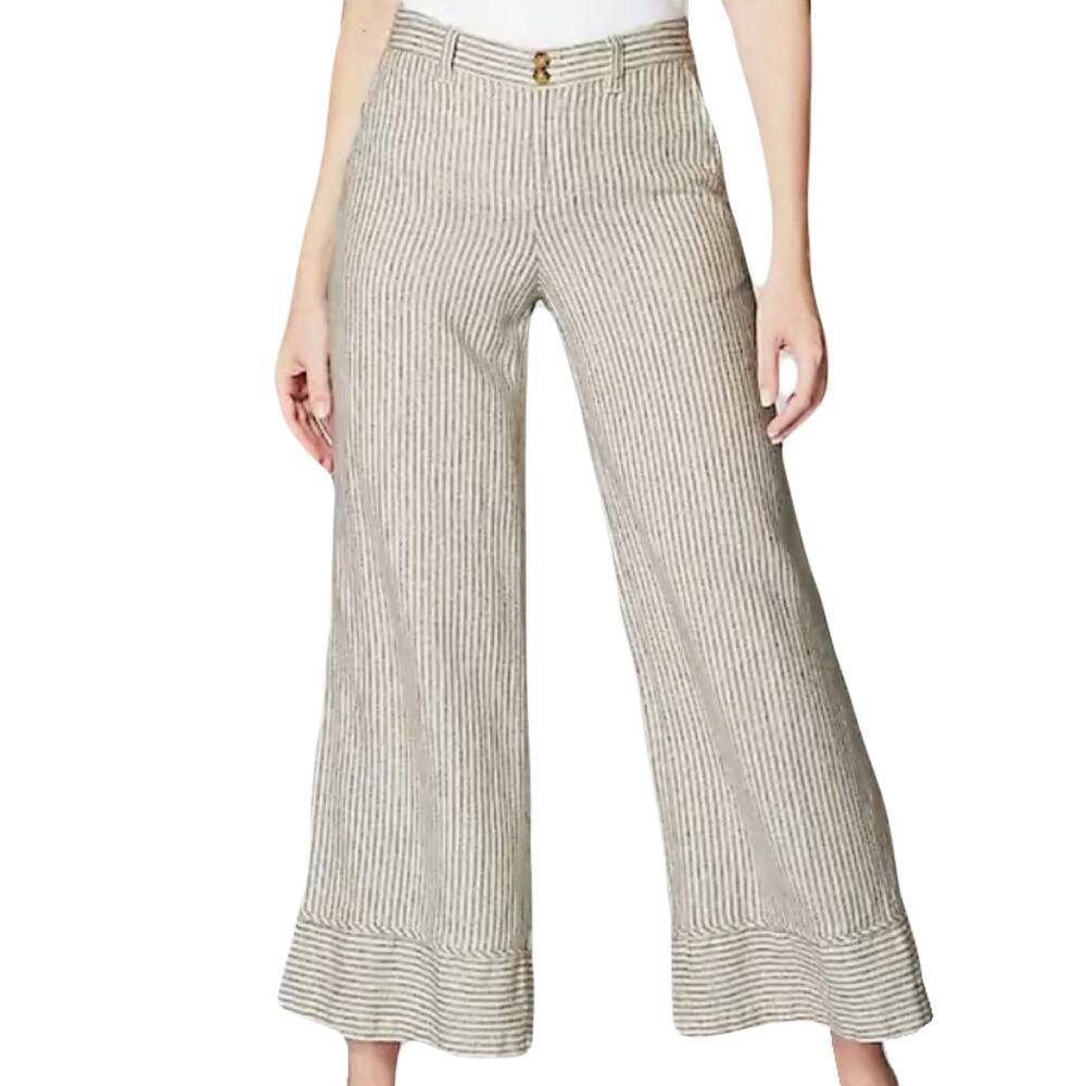 NWOT J JILL Pants M Linen-blend Stripe White Black Wide Cuffed Pockets Zip